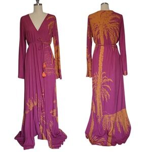 MAAJI Long Kimono Wrap Maxi Dress Pink Palm Trees Beach Cover up  Swim Small